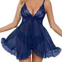 Vicarly Sexy Open Front Floral Lace Mesh Sheer Babydoll Lingerie Dress Set with Thong 2 Piece Women See Through Sleepwear V Neck Ruffle Chemise Negligee Navy Blue X-Large