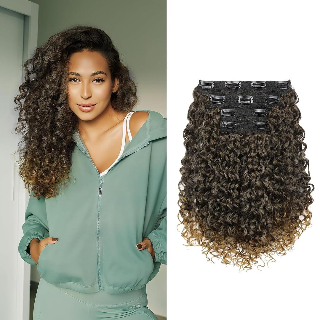 FLUFYMOOZ 4PC Clip in Hair Extensions, 14 Inch 100 Pure Protein Silk Short Hairpiece Deep Curly Wavy Hair Extensions Clip in Natural Soft Hairpiece for Women-Brown to Dirty Blonde