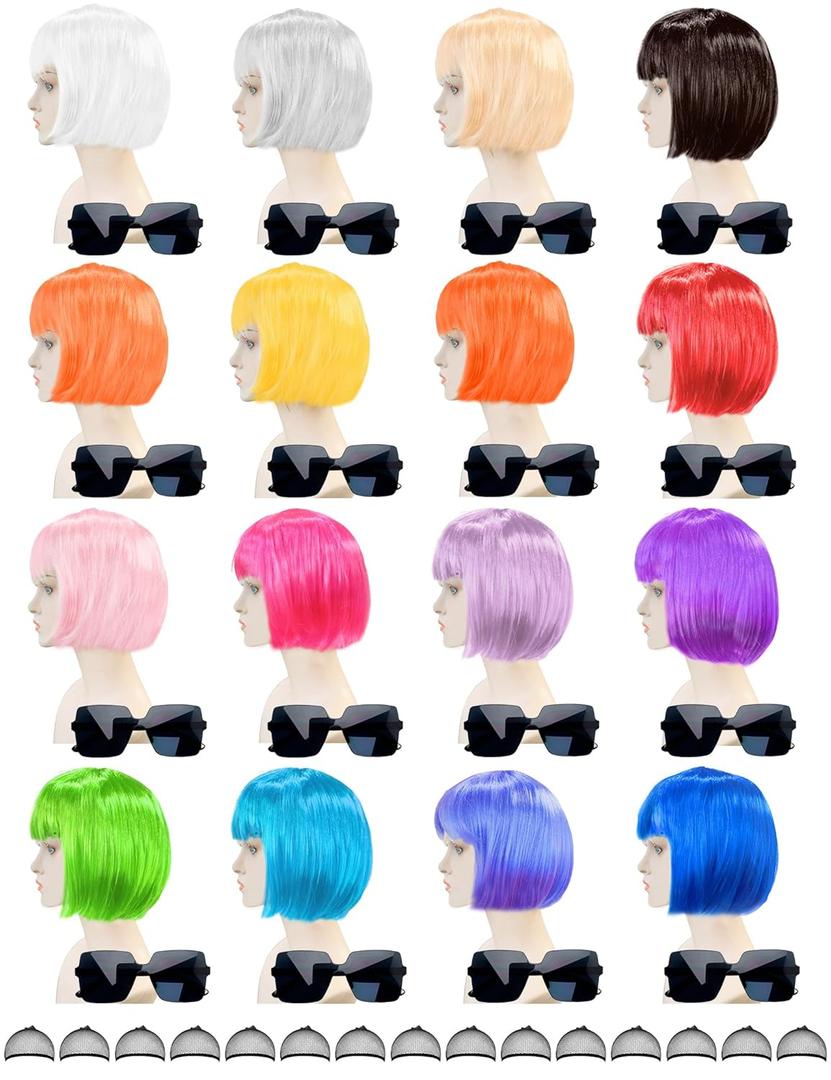 16 Pack Colored Bob Wigs with Bangs, Colorful Wigs with Sunglasses Bulk, Neon Party Fun Hair Wig for Women Costume Cosplay (Multicolor)