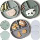 Moonkie Suction Plates for Baby | 100% Silicone BPA-Free Baby Plates with Lids and Food Cover | Divided Design | Microwave and Dishwasher Safe | Toddler Plates 3 Pack (3Pcs-Mint/Sage/Lunar Grey)