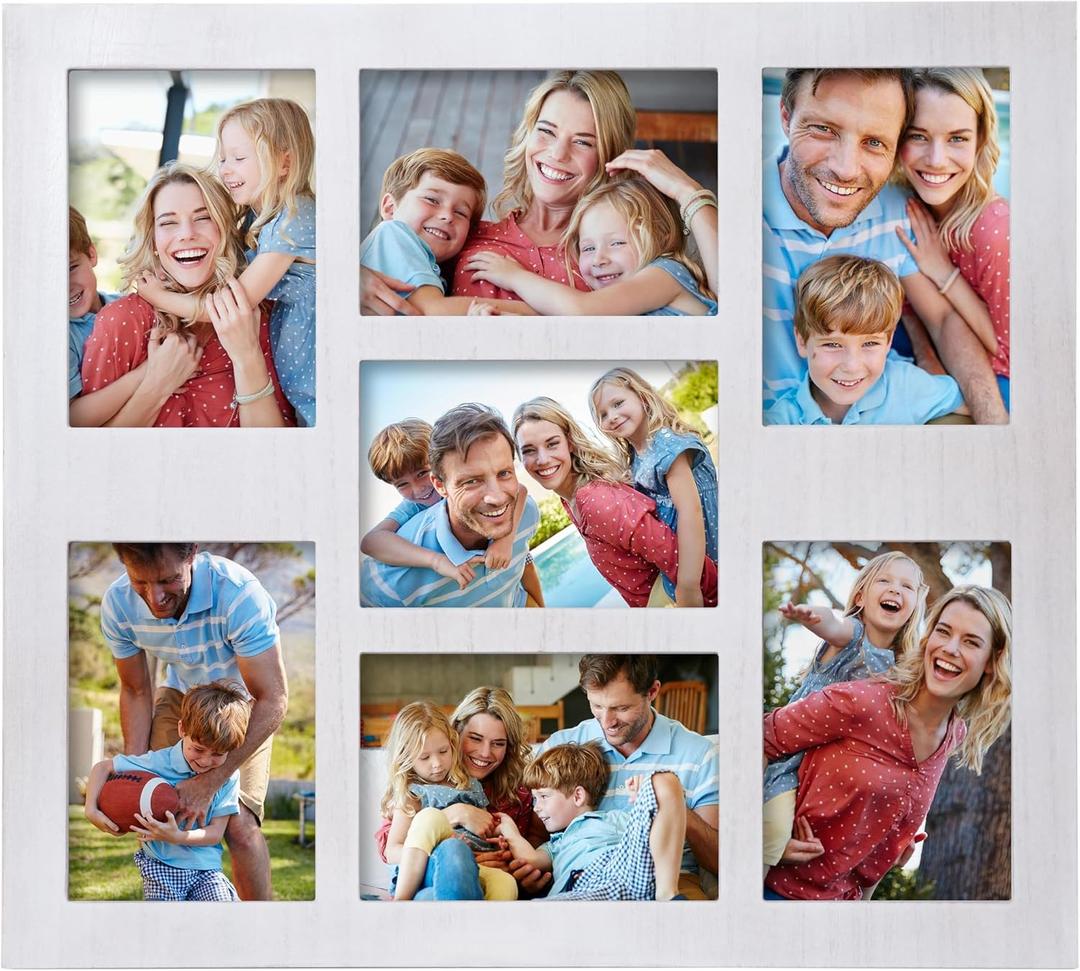 Picture Frame Collage 5x7 Photos Display - 7 Openings Photo Collage White Picture Frame Wall Decor Frames for Wedding Anniversary, Christmas Day,Wall Mountable Vertically or Horizontally, 19.4x17.4 inches