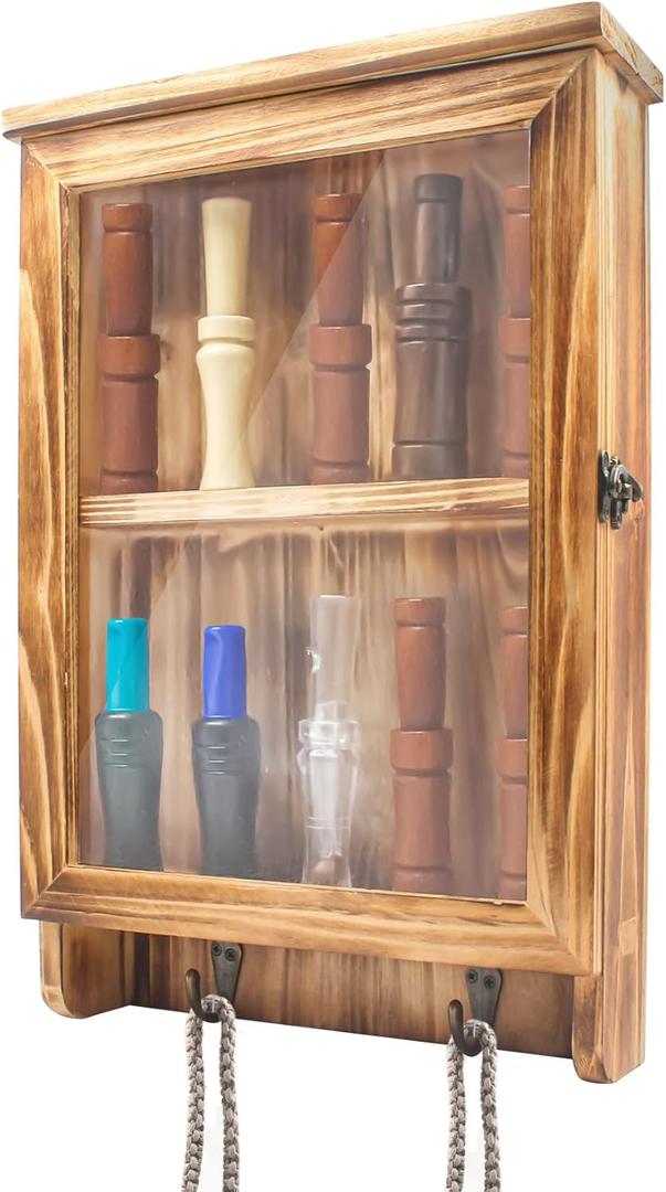 for Duck Call and Lanyard Display Rack - Storage Case for 10 Duck Calls and 2 Duck Hunting Call Lanyards, Wall Mount Visible Duck Whistle Holder Shadow Box for Home Decoration, Wooden, 15.3"x9.8"