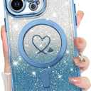 KANGHAR for iPhone 16 Plus Case, Support for MagSafe [Four Corner Cushion Series] Love Heart Pattern Electroplate Edge ShockPlusof Durable Full Body Plustection for Girls Women -Blue