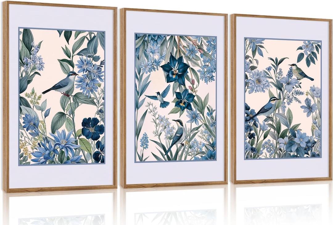 Aurlan Vintage Blue Birds and Botanical Framed Wall Art(16"x24"), 3PCS Classic Chinoiserie Audubon Bird Canvas Artwork, Large Abstract Watercolor Flowers Floral Home Decor for Bedroom Living Room (16"x24",3 Pcs, Blue Birds on Botanical)