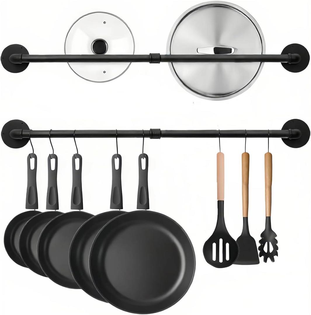 24 inch Pan Rack Wall Mounted Set of 2, Pan Hangers for Kitchen, Industrial Pipe Utensils Hanging Rail Detachable Storage Organizer, Iron Lids Holder with 10 S Hooks