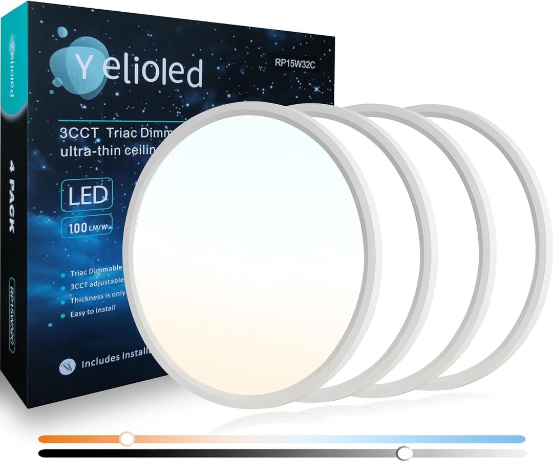 Dimmable 15.7 Inch LED Flush Mount Ceiling Light, 30W 3200LM, 3000K/ 4000K/ 5000K CCT Selectable Led Ceiling Light Flat Light, Dimmable from 5% to 100% for Bedroom, Hallway, Play Room, White 4PK