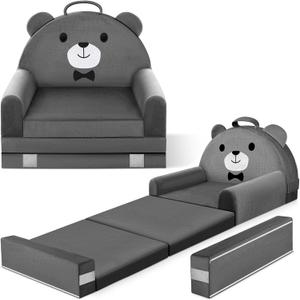 ORWIPO Kids Sofa Bed with Removable Washable Cover & Magic-Tape Backrest  Foldable Toddler Chair, Cozy Crystal Velvet Furniture for Playtime, Naps & Travel (Dark Gray, Bear Design)