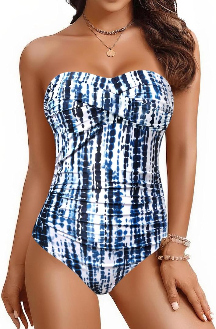 Yonique Womens Strapless One Piece Swimsuit Tummy Control Bandeau Bathing Suits Slimming Twist Front Swimwear (Medium, Blue Tie Dye)