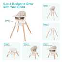 High Chair, 6 in 1 Wooden Convertible High Chairs for Babies and Toddlers, Booster Seat with Double Tray & Reversible Footrest Baby Highchair, 5-Point Harness Baby Feeding Chair, Beige