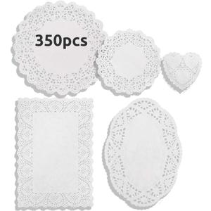 DailyTreasures 350Pcs Lace Doilies Paper-Assorted Size Decorative Doilies Placemat- Eco-Friendly for Cake, Desert, Wedding, Tableware Decoration(Round, Rectangle, Heart, Oval-8.5",6.5")