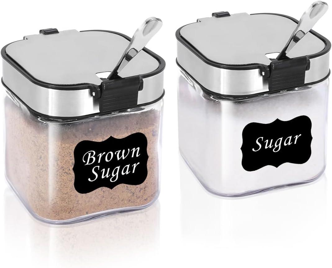 Aelga Glass Sugar Bowl with Lid and Spoon, 8.5 OZ Sugar Container Stainless Steels Flip Lid, Salt Container for Kitchen, Coffer Bar Accessories, Countertop, 2 Pack
