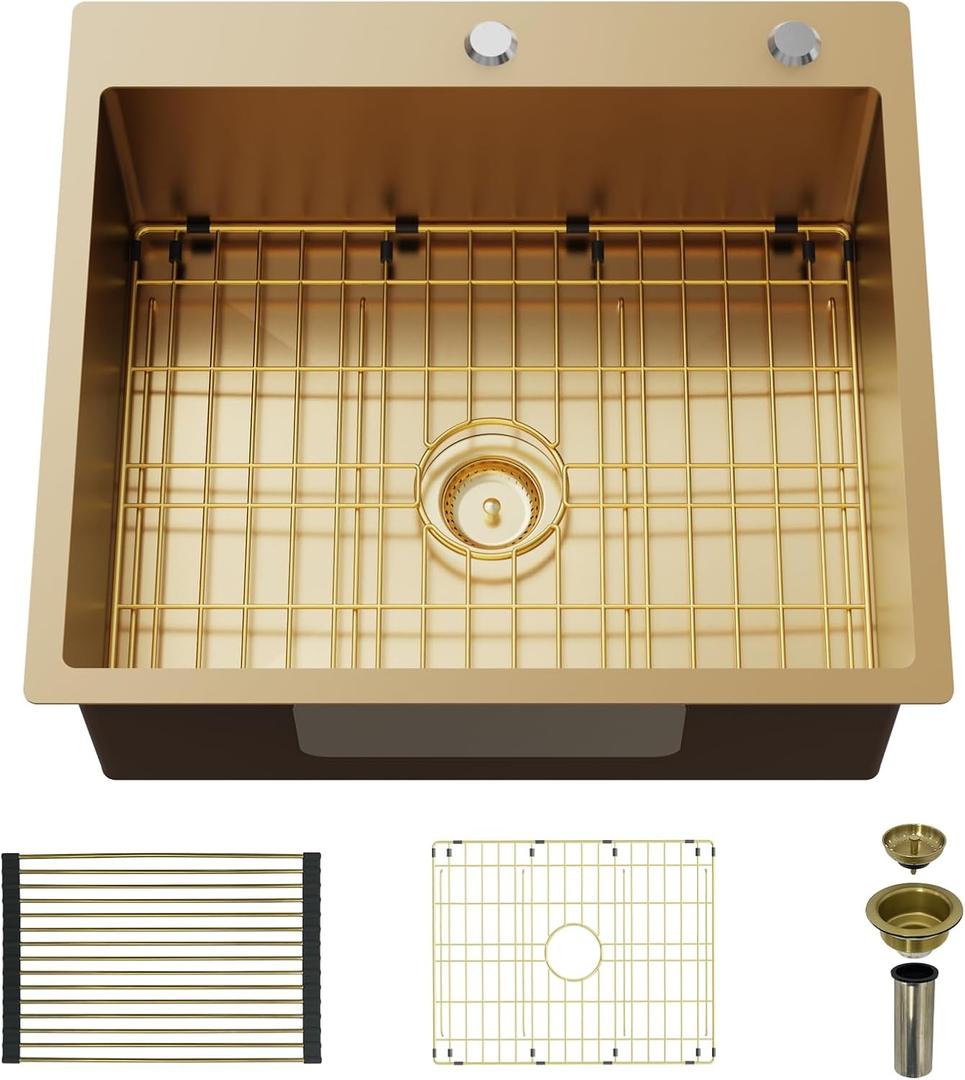 Gold 25"x22" Stainless Steel Drop-In Single Bowl Kitchen Sink - Topmount With Gold-Tone Accessories, Rack, Grid, and Drain Assembly for Modern Luxurious Look