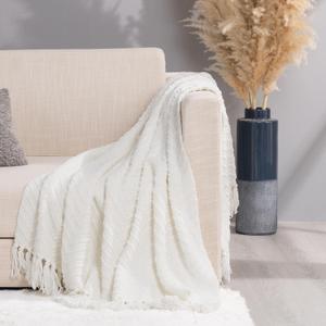 RECYCO Knit Chenille Throw Blanket, Textured Knitted Throw Blankets w/Tassels, Decorative Warm Soft Woven Throw for Couch Bed, Cream White, 50x60 in