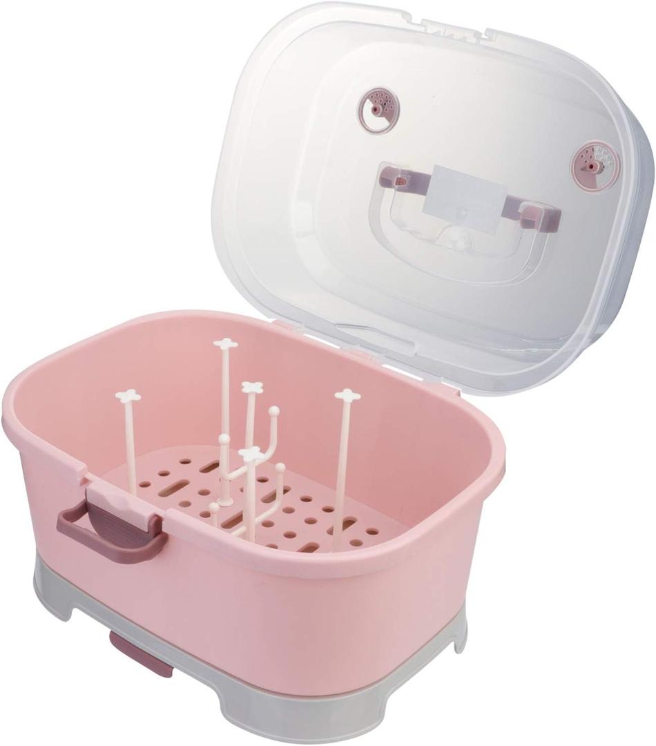 Baby Bottle Drying Rack Bottle Storage Box Portable Baby Bottle Storage Organizer with Lid for Kitchen Cabinet (Pink)