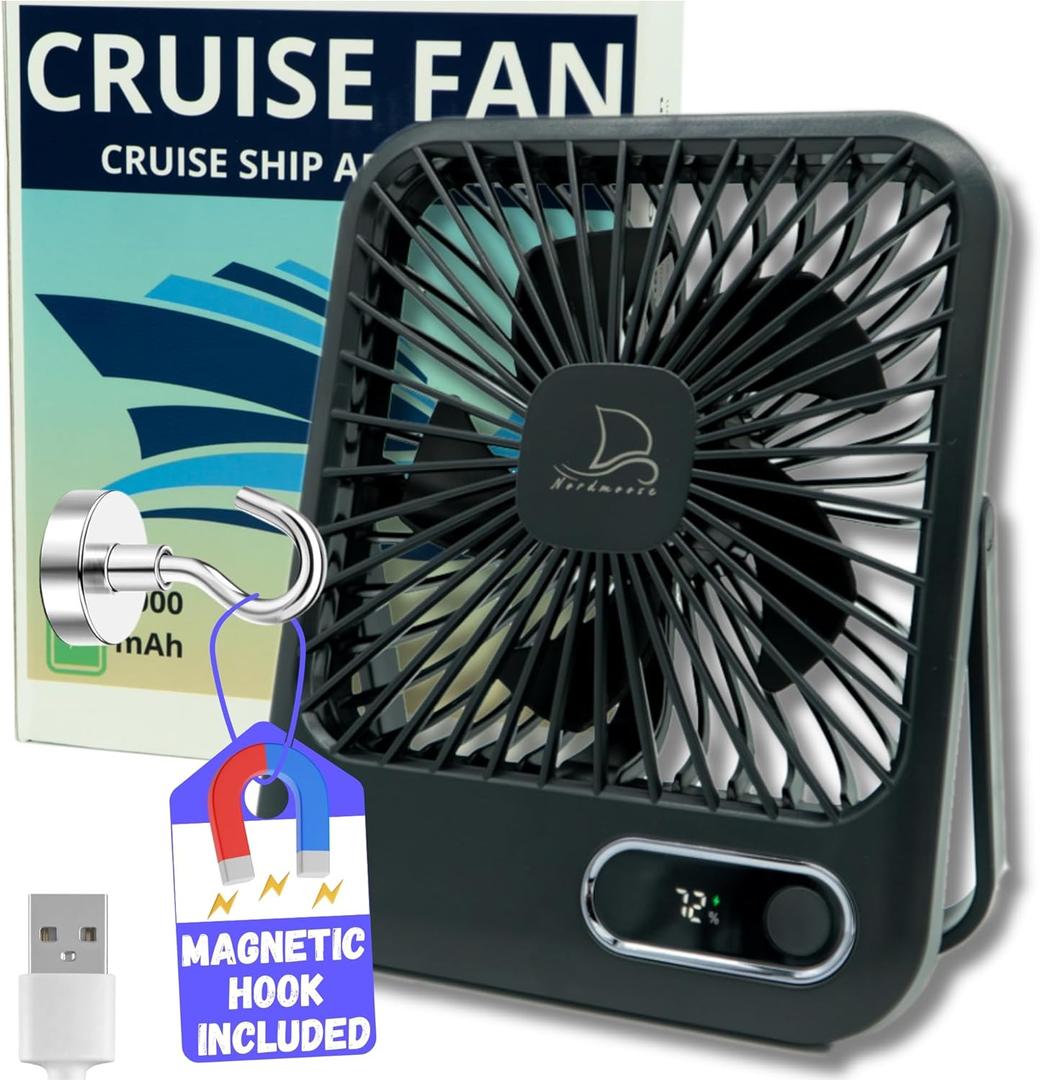 Cruise Fan Cabin Approved - Magnetic Hook Included To Hang On Walls - Portable USB Rechargeable & Plug-In, Timer Function & 5-Speed Adjustable, White Noise, Long Battery Life, Perfect for 2026 Cruises (Black)