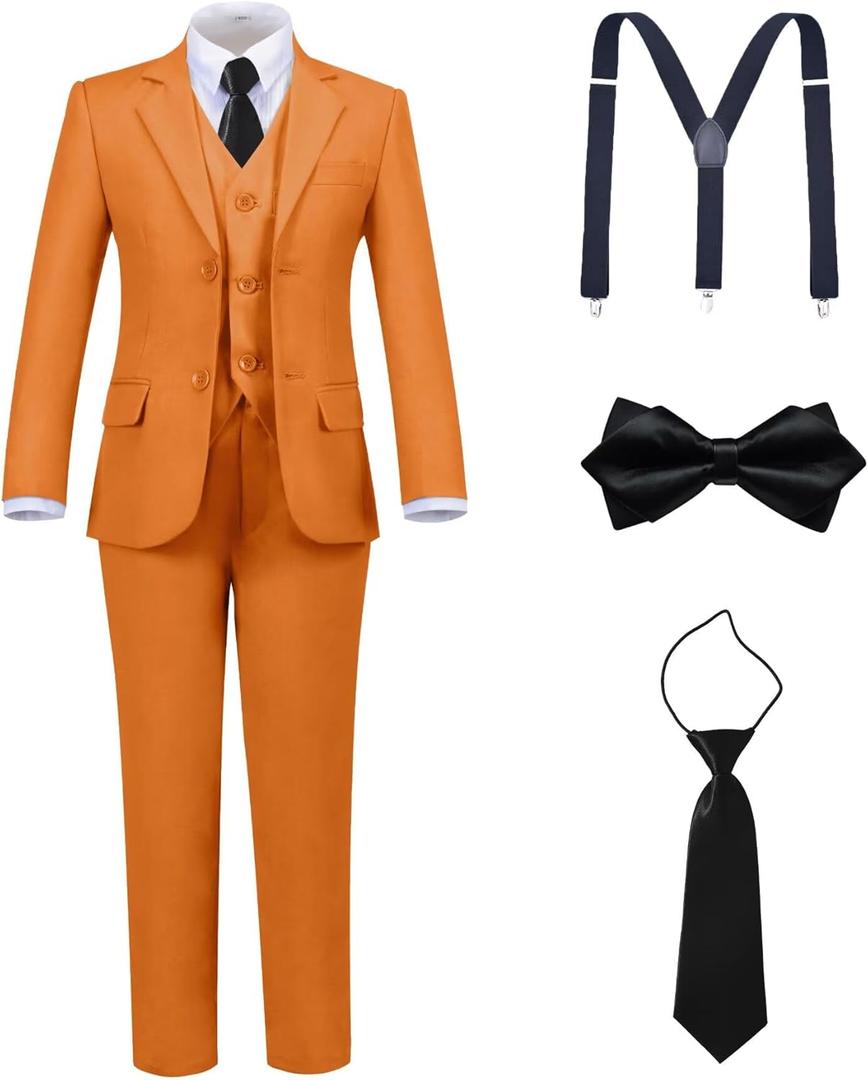 Boys Suit Kids Tuxedo Suits for Boys Adjustable Waist Vest Pants Suspenders Set Wedding Christmas Outfits (10, Orange)