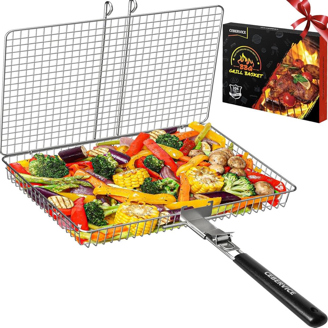 Grill Basket Extra Large, SUS304 Stainless Steel, Portable Folding BBQ Camping Grilling Rack for Fish, Vegetables, Shrimp, Barbeque Griller Cooking Accessories, Grilling Gifts for Men, Dad