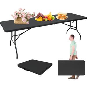Portable 8Ft Folding Table, Heavy Duty Plastic Fold-in-Half Utility Foldable Dining Table, Multi-Purpose Plastic Folding Table with Carrying Handle for Camping and Party Indoor/Outdoor (Black)