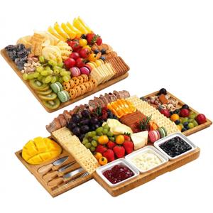 Charcuterie Board with Knife Set, Double-Drawer Cheese Platter, Extra-Large Square Cheese Tray, House Warming Gifts New Home, Carbonized Bamboo
