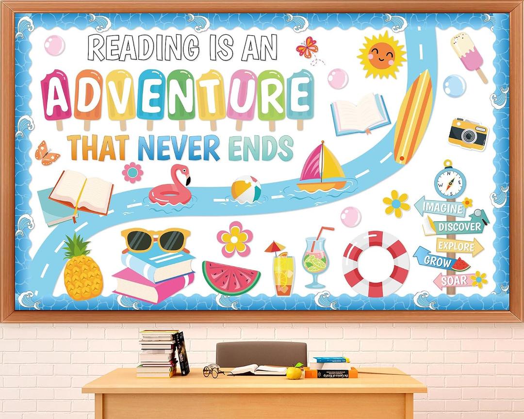 Summer Bulletin Board Decorations Set Reading is an Adventure June July Classroom Decorations Flamingo Books Paper Cutouts with Border for Summer VBS Back to School Library Home Chalkboard Wall Decor, 59.1" x 35.4"