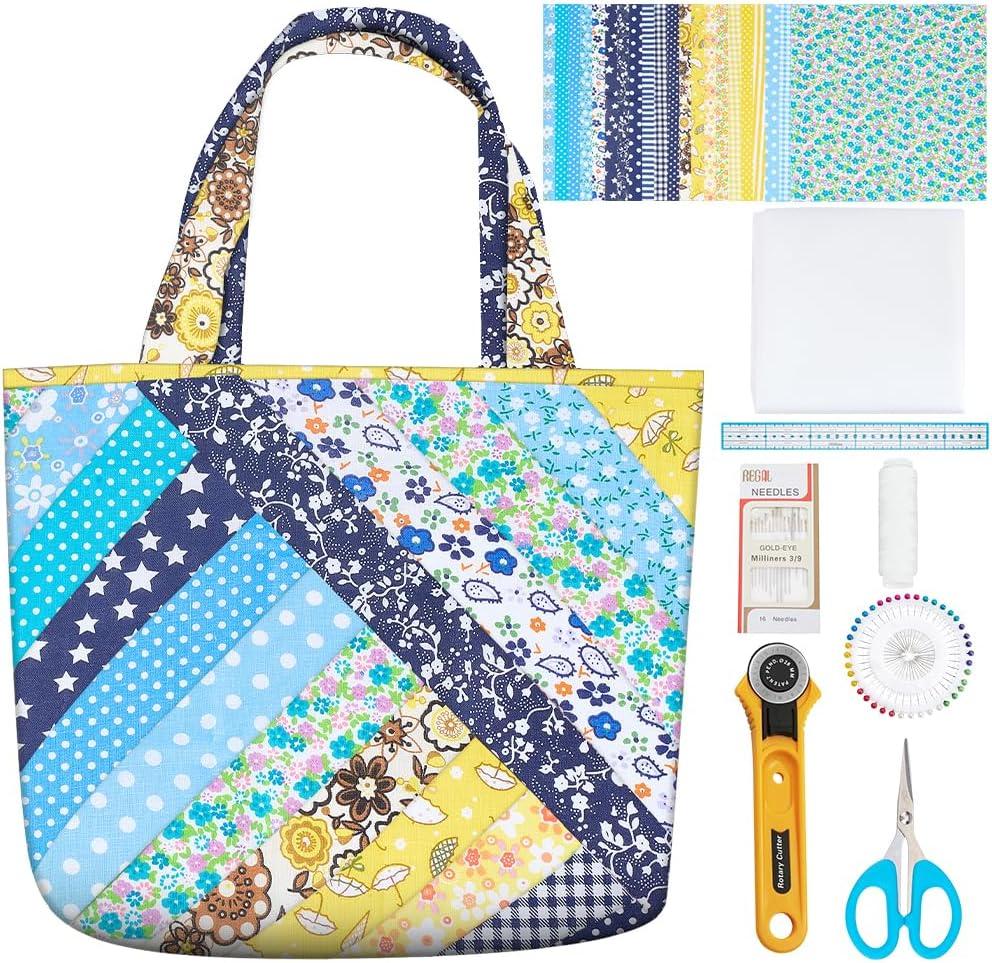 WEBEEDY DIY Bag Quilted Kit Stripes Tote Bag Quilted Starter Kit with Video Tutorial for Beginners Adults Handmade Bags Making with 21 Colors Square Fabrics Instructions and Complete Quilting Tools
