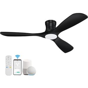 52 Smart Wood Low Profile Ceiling Fan with Lights Remote,Quiet DC Motor,Outdoor Indoor Flush Mount Ceiling Fans Controlled by WIFI Alexa App,Modern Black for Bedroom Living Room Patio Porch