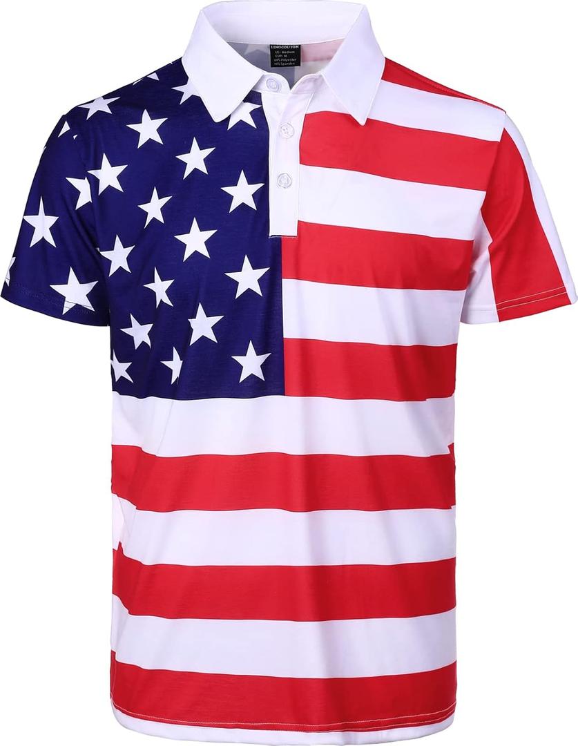 LINOCOUTON Men's American Patriotic Flag Pride Day Golf Polo Short Sleeve Shirt (XX-Large, White)