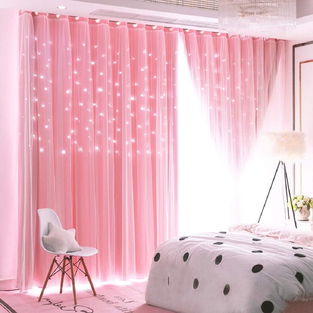 UNISTAR 2 Panels Stars Blackout Curtains for Bedroom Girls Kids Baby Window Curtain Double Layer Star Cut Out Aesthetic Living Room Decor Wall Home Decorations Curtain,W52 x L84 Inches,Pink
