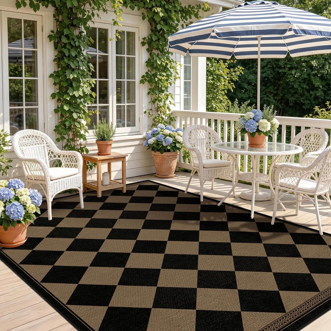 Boho Checkered Easy Jute Indoor Outdoor Rugs for Dining Room Living Room Patio 5x7, Non-Skid Washable Checkered Outdoor Rug, Farmhouse Geometric Carpet for Bedroom, Backyard, Brown Diamond Décor