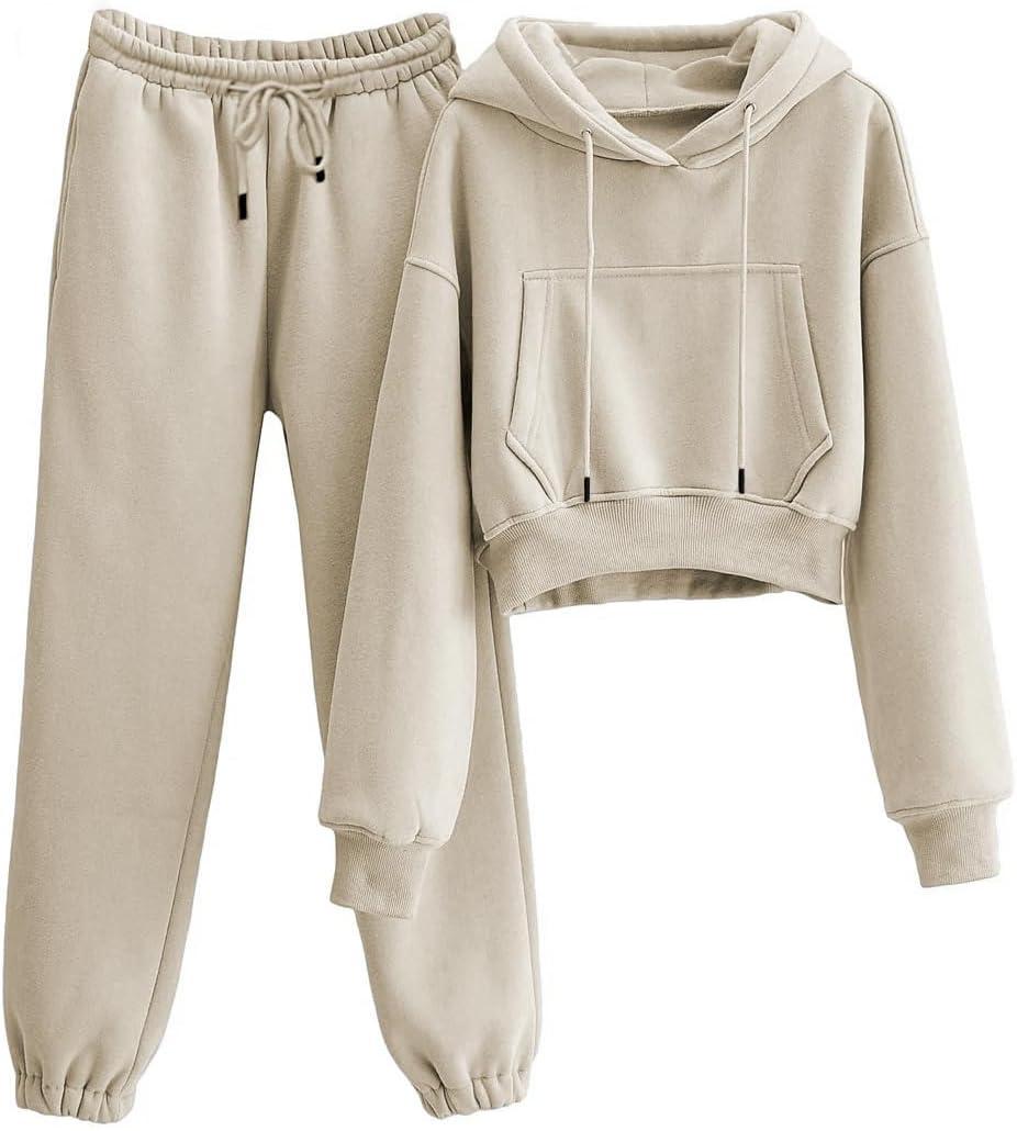 Tanming Women 2 Piece Outfits Sweatsuits Crop Pullover Fleece Sweatshirt Jogger Pants Lounge Set (Small, Khaki)
