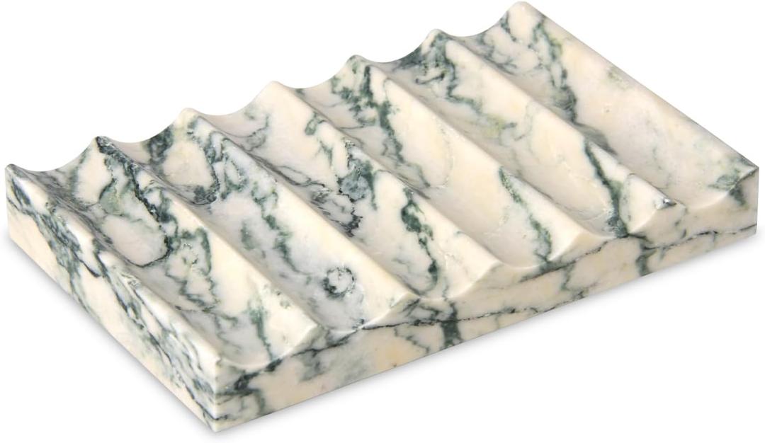 Luxury Marble Soap Dish Tray,Rectangle Stone Marble Soap Tray,Self Draining Soap Holder for Bathroom, Kitchen (Green Texture)