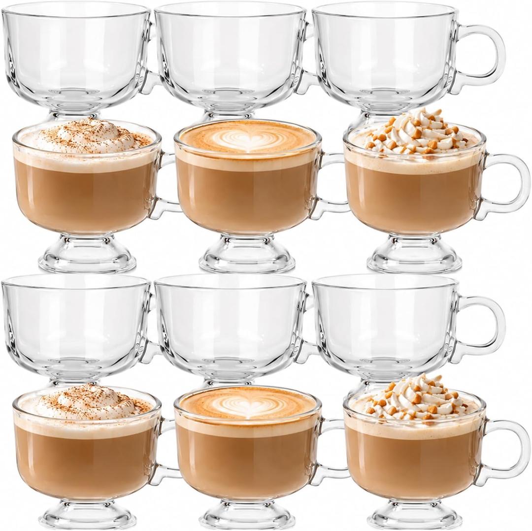 12 Pcs Glass Coffee Mugs with Handle, 8 oz Clear Tea Cup, Glossy Surface