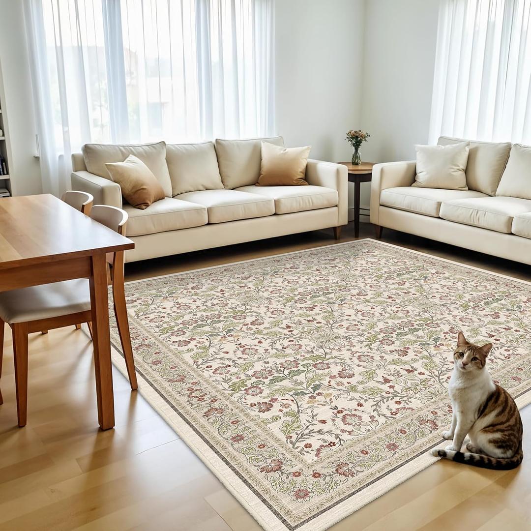 8x8 Area Rug Square Living Room, Washable 8ft Soft Distressed Oriental Rugs Non Slip Backing Farmhouse Rug Low Pile Thin Stain Resistant Indoor Carpets, 8' Square Off-White/Green/Multi