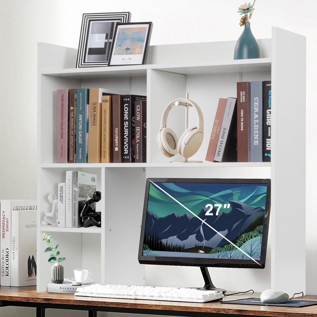Desktop Bookshelf 36" Tall, White Desk Hutch for Computer Desk, 4-Tire Wood Desk Shelf Storage Organizer for Office Home, Large