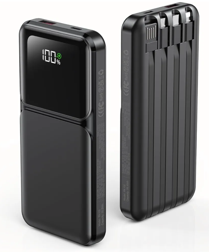 Portable Charger with Built in Cable - Power Bank Fast Charging 22.5W USB C 10000mAh LED Display Travel Battery Pack 5 Outputs & 3 Inputs for iPhone Samsung Android iPad Phones Tablets etc