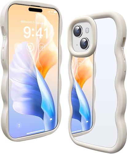Mephoro 2 Pack Mirror Case for iPhone 13, with Curly Wave Frame Phone Cover Shockproof Protective Cover for iPhone 13 Women Girl Makeup, Stone