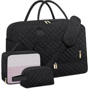 Extra Large Travel Duffle Bag, Weekender Bag for Women with Shoe Compartment, Personal Item Travel Gym Bag with Wet Pocket, Carry on Overnight Bag for Airplanes Hospital Black