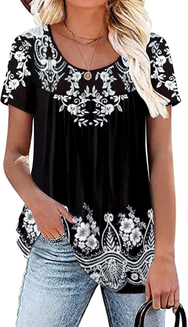 Womens Summer Plus Size Tops Blouses Short Sleeve Shirts Lace Pleated Tunic Tops M