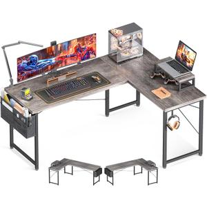 Casaottima L Shaped Computer Desk with Storage Bag, 57.5 Inch Reversible Gaming Desk, Home Office Corner Desk with Monitor Shelf, Space-Saving Writing Workstation Table, Easy to Assemble, Grey Oak