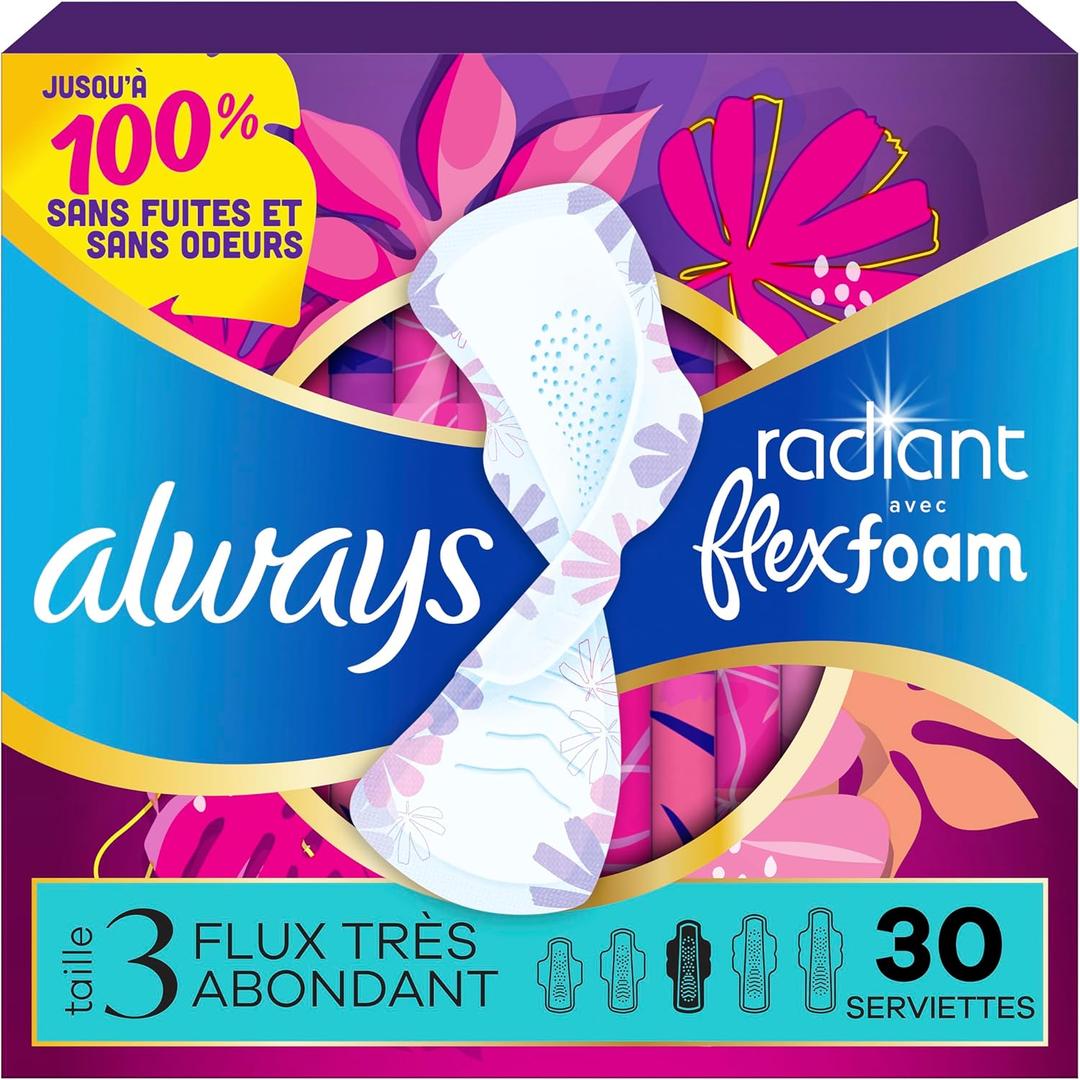 Always Radiant Feminine Pads for Women, Flexfoam Pads with Wings, Size 3, Extra Heavy Absorbency, Lightly Scented, 30 Count