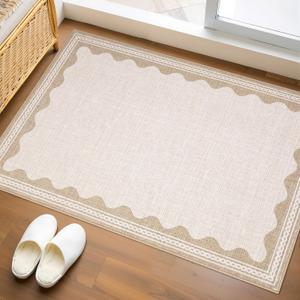 GarveeHome Scalloped Door Mat Indoor Rugs for Entryway Small Rug 2x3 Washable Non-Slip Solid Beige Modern Soft Low-Pile Throw Carpet for Bedroom Kitchen Bathroom Entrance