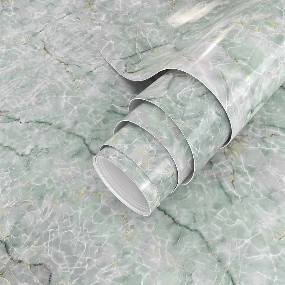 VIOPVERY Green White Marble Peel and Stick Wallpaper 35" x 197", Jade Green Floral Design Vinyl Wrap Removable Marble Wall Paper for Countertops Kitchen Cabinet Backsplash Counter Table Decor