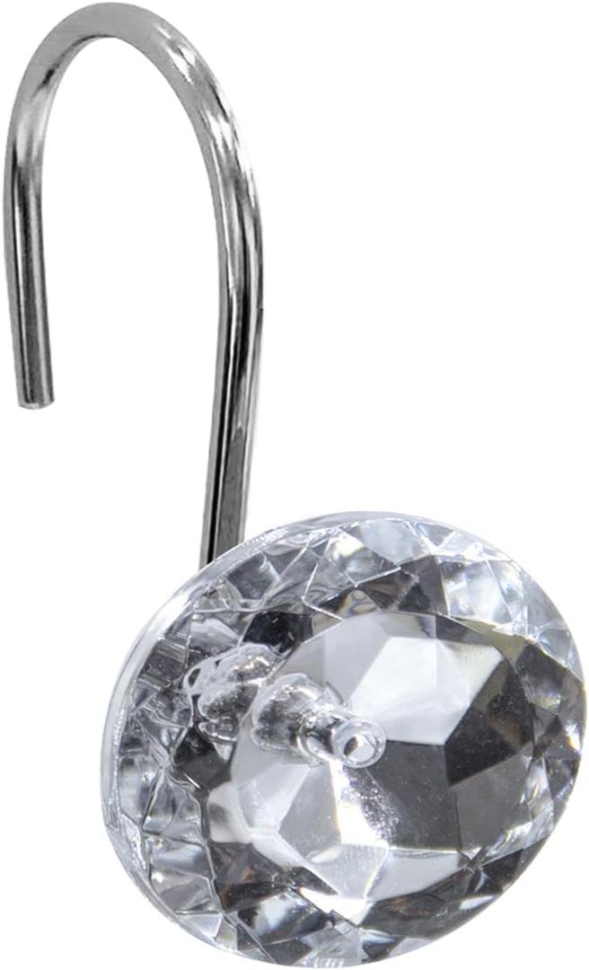 Gibelle Shower Curtain Hooks, Diamond Shaped Shower Curtain Rings Hooks for Bathroom Curtains Rod, Acrylic Decorative Rhinestones Bling Rolling Bathroom Accessories Set of 12, Clear