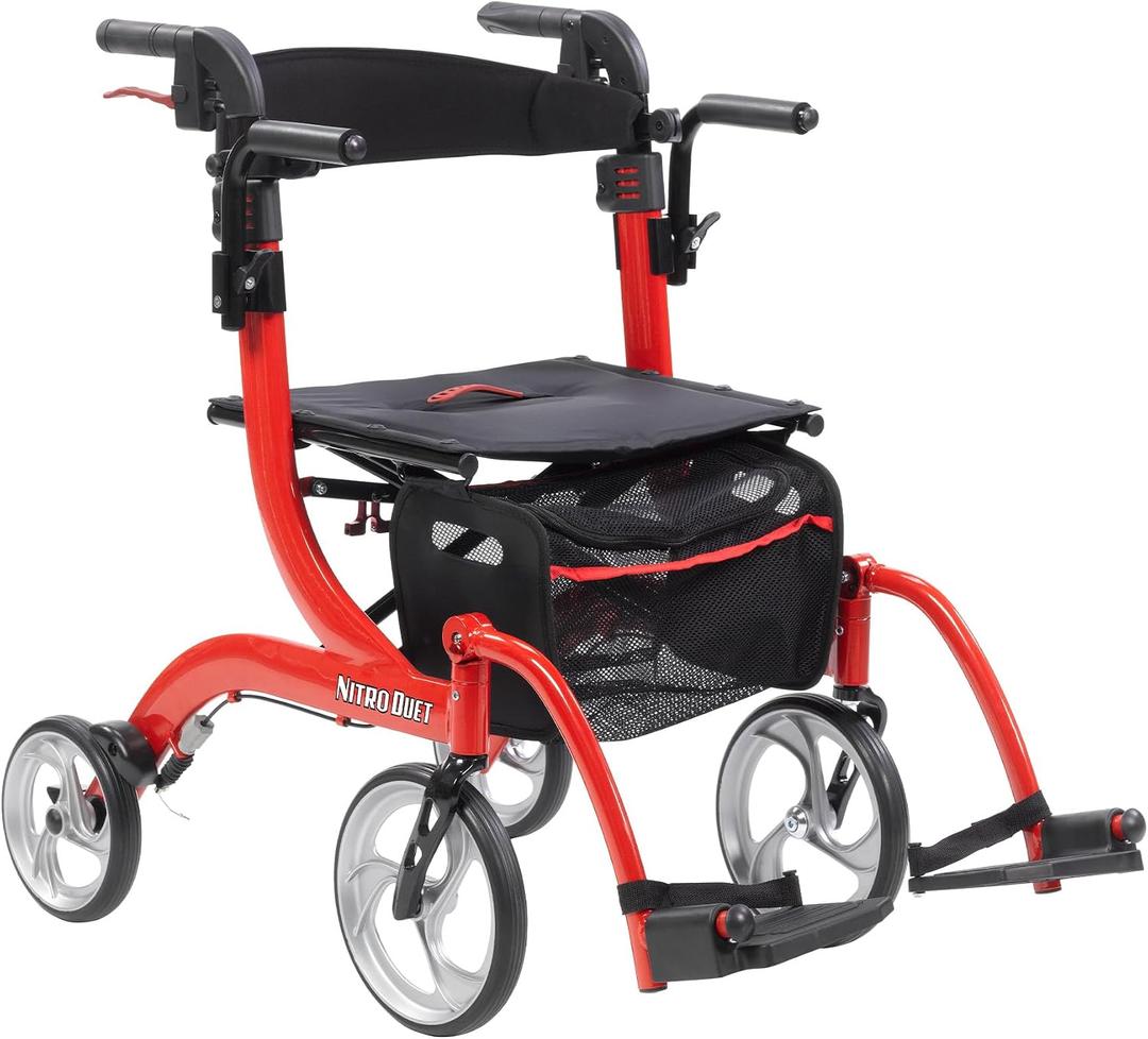 Drive Medical Nitro Duet Dual Function Foldable Rollator Walker & Transport Wheelchair for Seniors & Adults - Hand Activated Brakes & Back Support - Large Front Wheels - Red