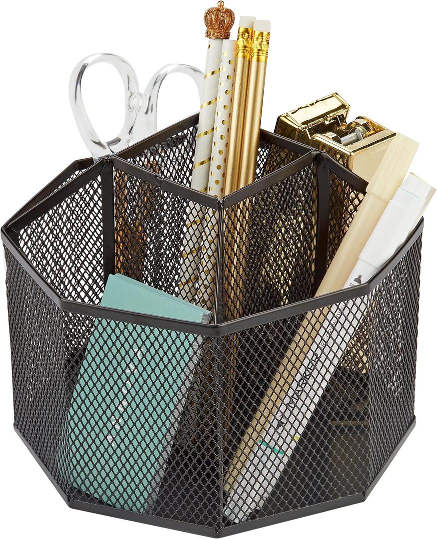 Annova Mesh Desk Organizer Rotate with 5 Compartments Spinning Tidy Candy/Pen Holder Office, Art Supply, Storage, Classroom, Home (Black)