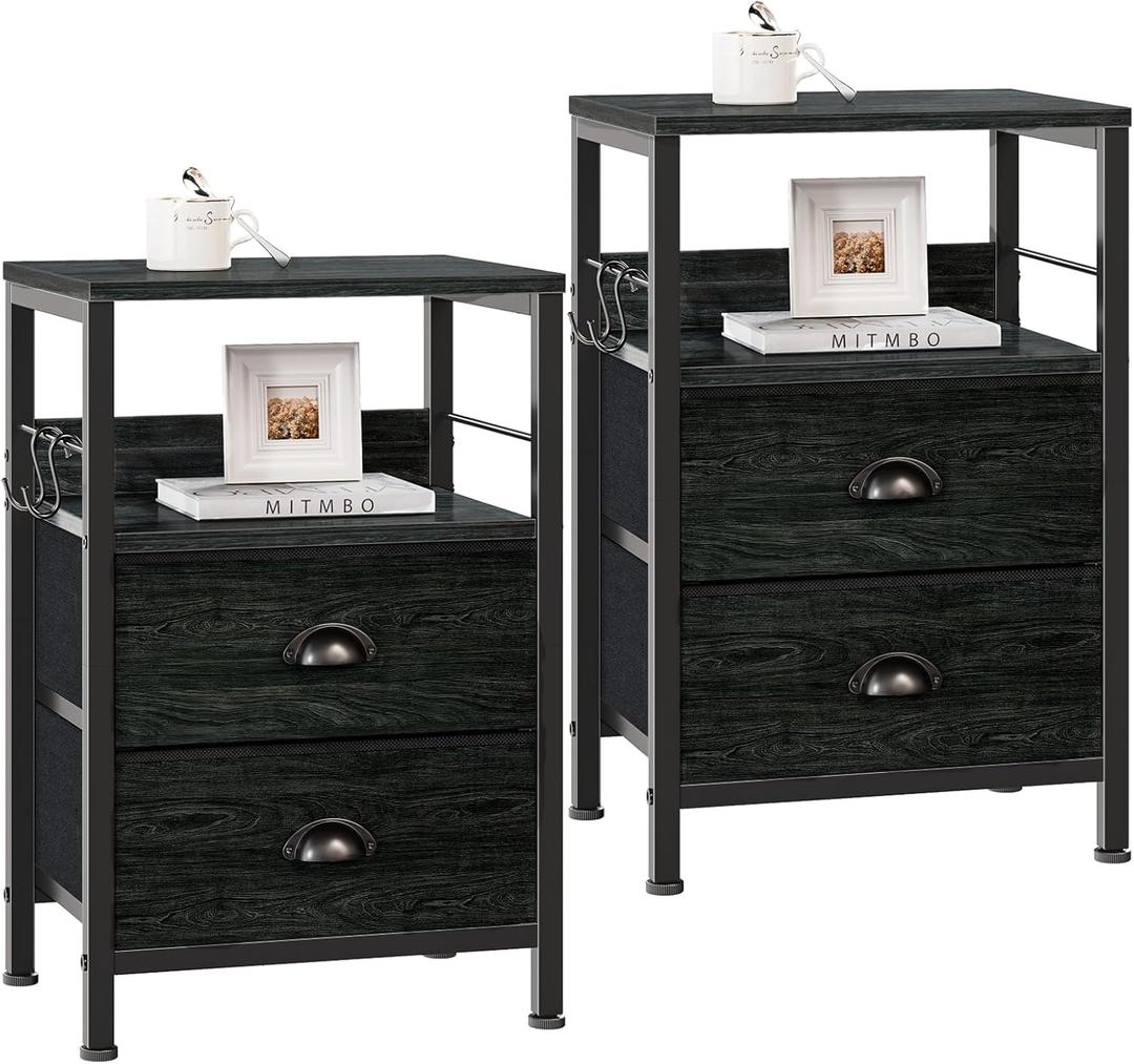 Furologee Nightstands Set 2, Night Stand with 2 Fabric Drawers, Bedside Tables with Open Shelf, Wooden Top, Hooks, Backboard Design, Metal Frame, End Tables for Bedroom/Living Room/Study/Black Oak