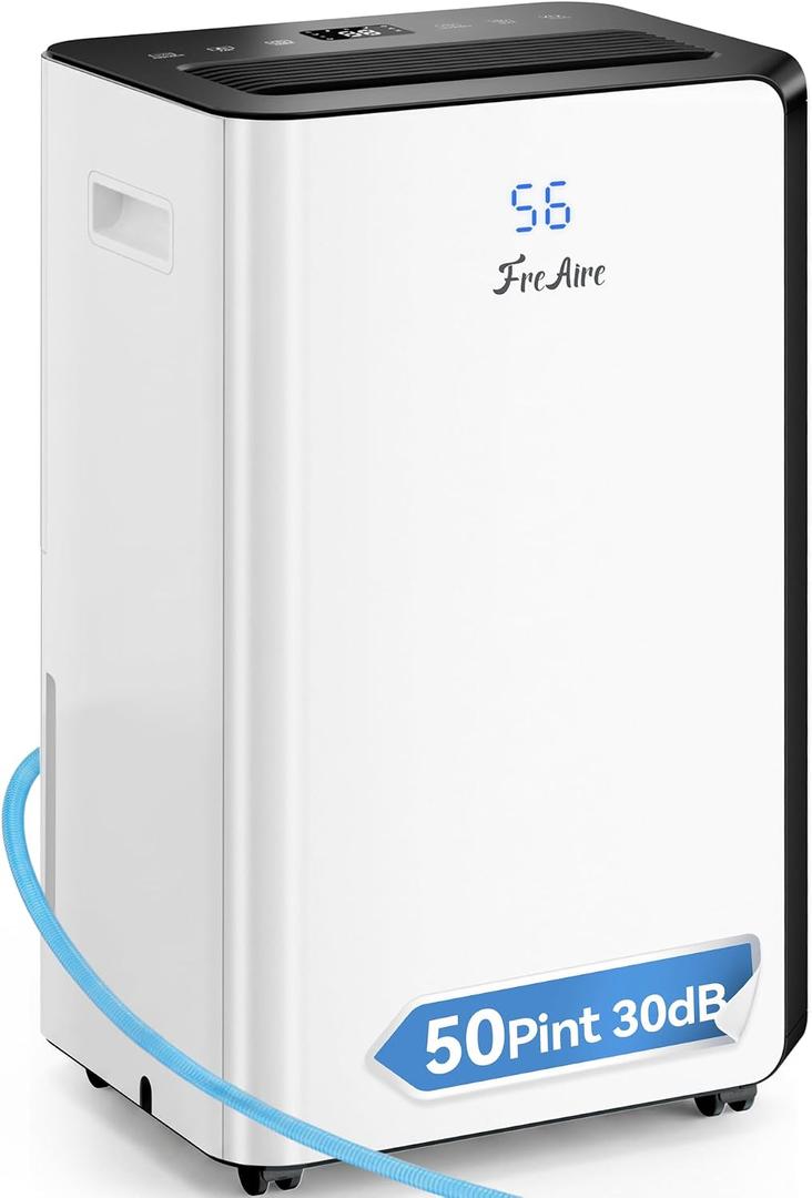 FreAire 54Pint Quiet Dehumidifier for 4500Sq.Ft With 3.3Ft Drain Hose | Energy-Saving, Quiet, Front Humidity Display, Compression System, Sleep Mode, Chi.ld Lock, For Basement, Whole Home
