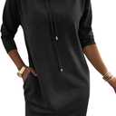 CHICME Women's Sweatshirt Dress Casual 3/4 Sleeve Mini Dress Stand Collar Drawstring Pullover Tunic Top with Pockets (X-Large, Black)