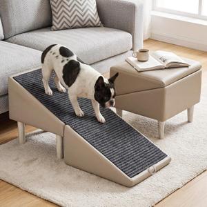 Dog Safety Ramps, Foldable 2-in-1 Wooden Pet Stairs & Steps & Ottoman, Solid Wood Anti-Slip & High-end Leather Material Pet Ramp, Split Ottoman Design, Pet Steps for Puppy Senior Injured Dogs (Gray)