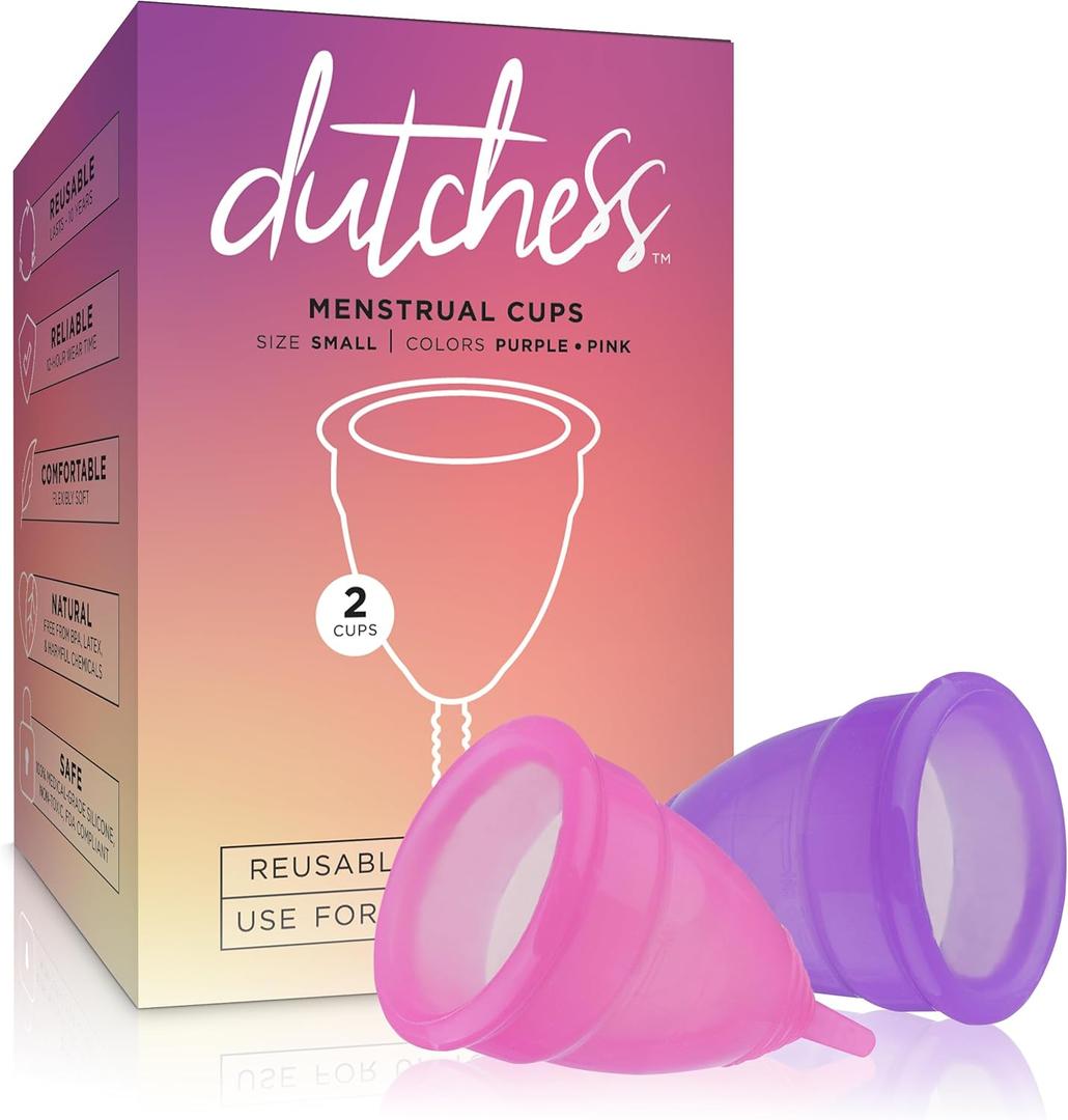Dutchess Large Menstrual Period Cups for Women + Storage Pouch, Pack of 2 Pink & Purple Soft Medical-Grade Silicone Reusable Feminine Care Tampon & Pad Alternative, Easy to Clean - Camping, Sports (Multi-color)